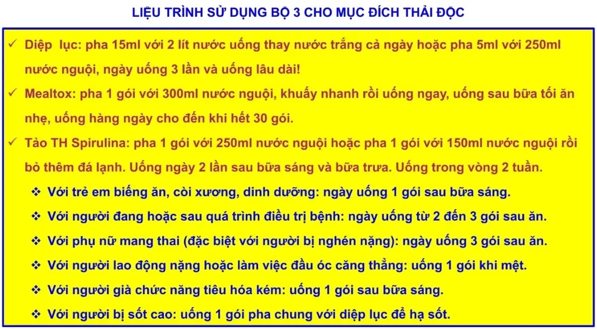 Cách sử dụng bộ 3 thải độc giảm cân TH Health [Mealtox + Tảo + Diệp lục] cho mục đích thải độc