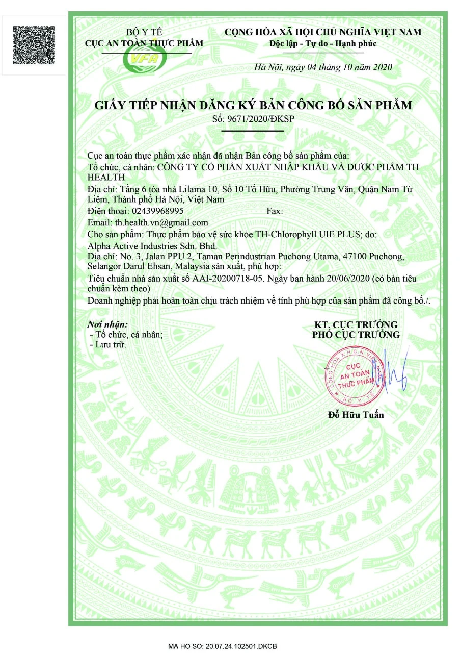 Giấy tiếp nhận đăng ký bản công bố sản phẩm - Thực phẩm bảo vệ sức khỏe TH-Chlorophyll UIE PLUS