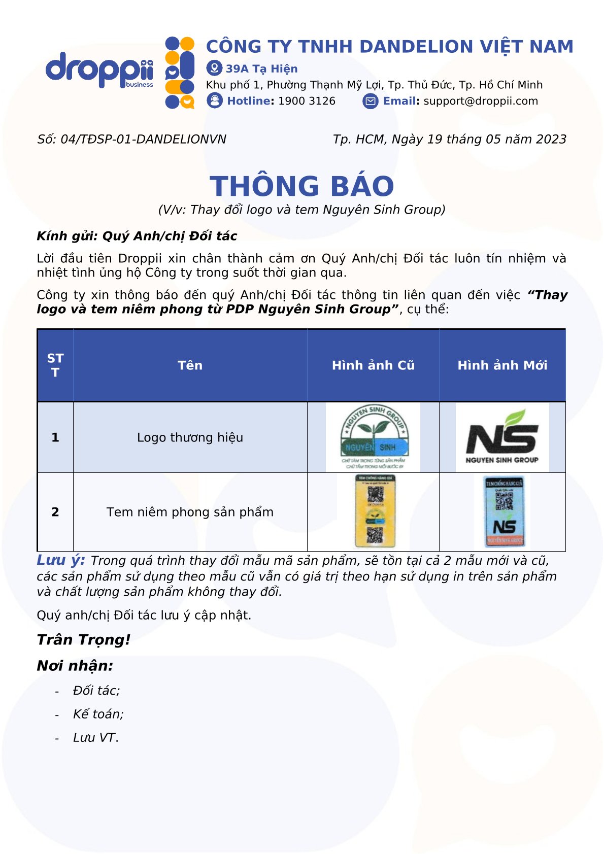 Nguyên Sinh Group thông báo thay đổi tem niêm phong và logo - Droppii Mall