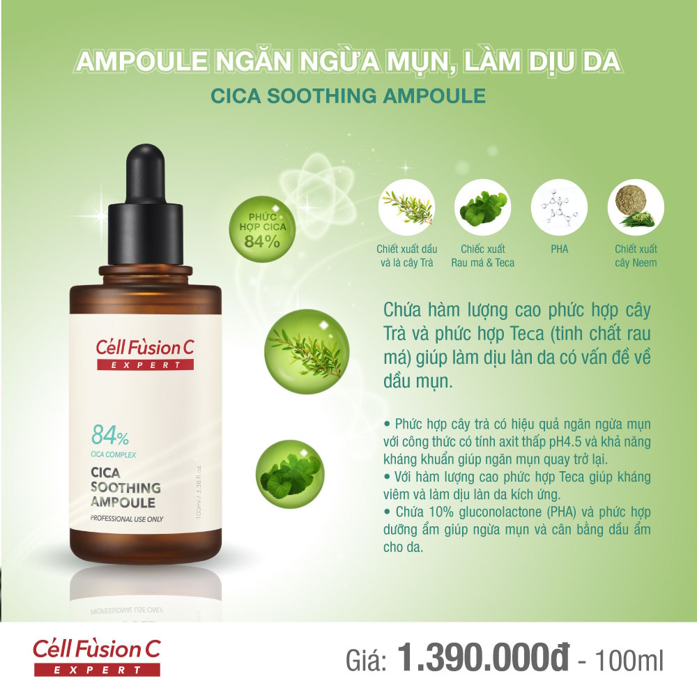 Cell Fusion C Expert – Ampoule kiểm soát và cải thiện da nhờn mụn Cica Soothing Ampoule - Ampoule ngăn ngừa mụn, làm dịu da