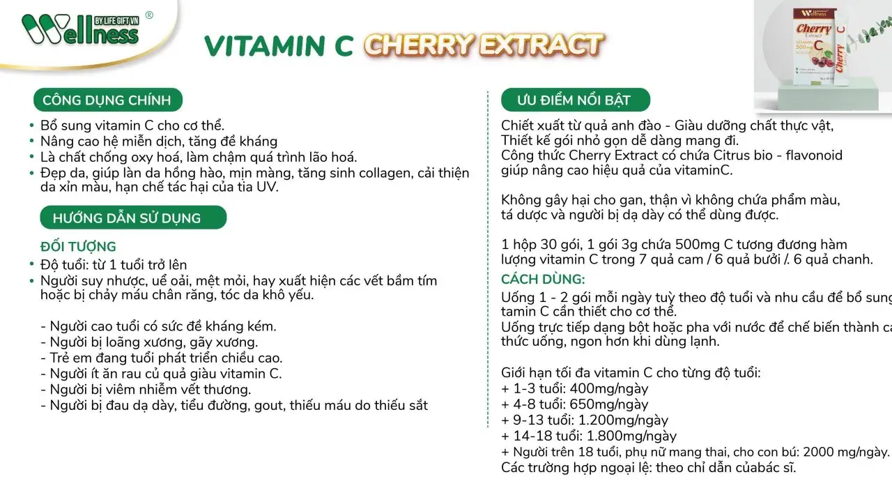 Hướng Dẫn Sử Dụng Thực Phẩm Bổ Sung Vitamin C Cherry Extract - Wellness By Life Gift Vn - Droppii Mall