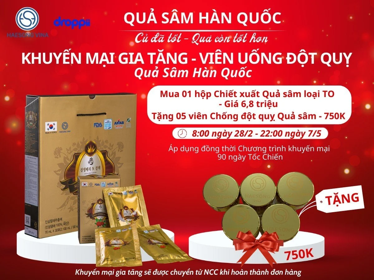 Khuyến mãi gia tăng mua Chiết xuất Quả nhân sâm Hàn Quốc tặng viên uống đột quỵ quả sâm Hàn Quốc Haesong Vina chính hãng giá tốt - Droppii Mall