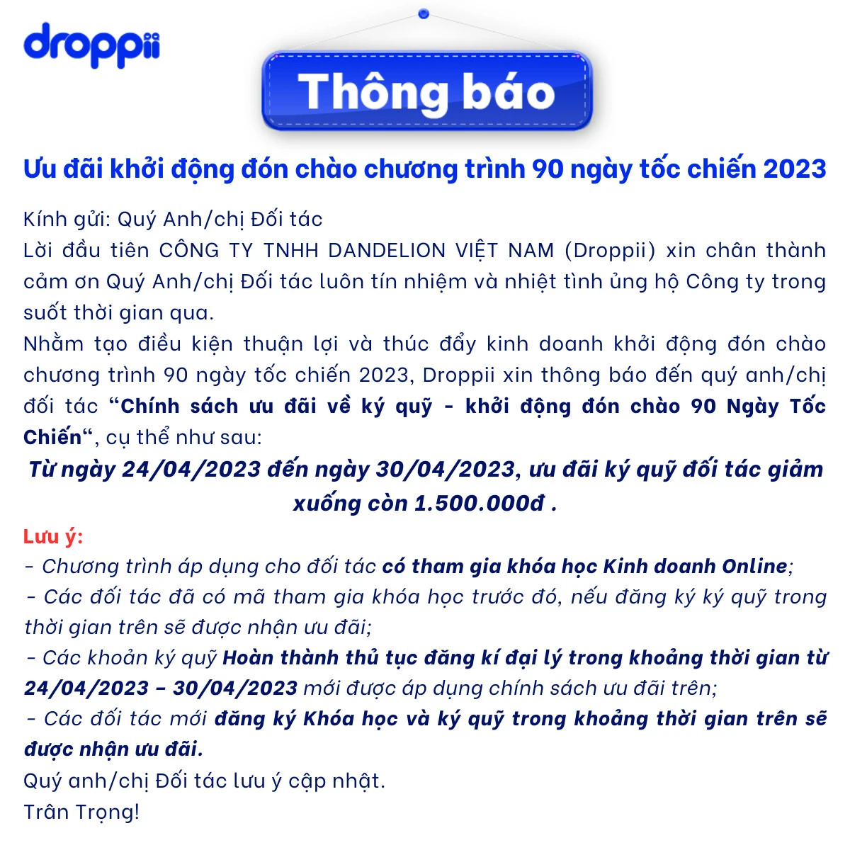 Ưu đãi ký quỹ đối tác Droppii tháng 4.2023 - Droppiishops