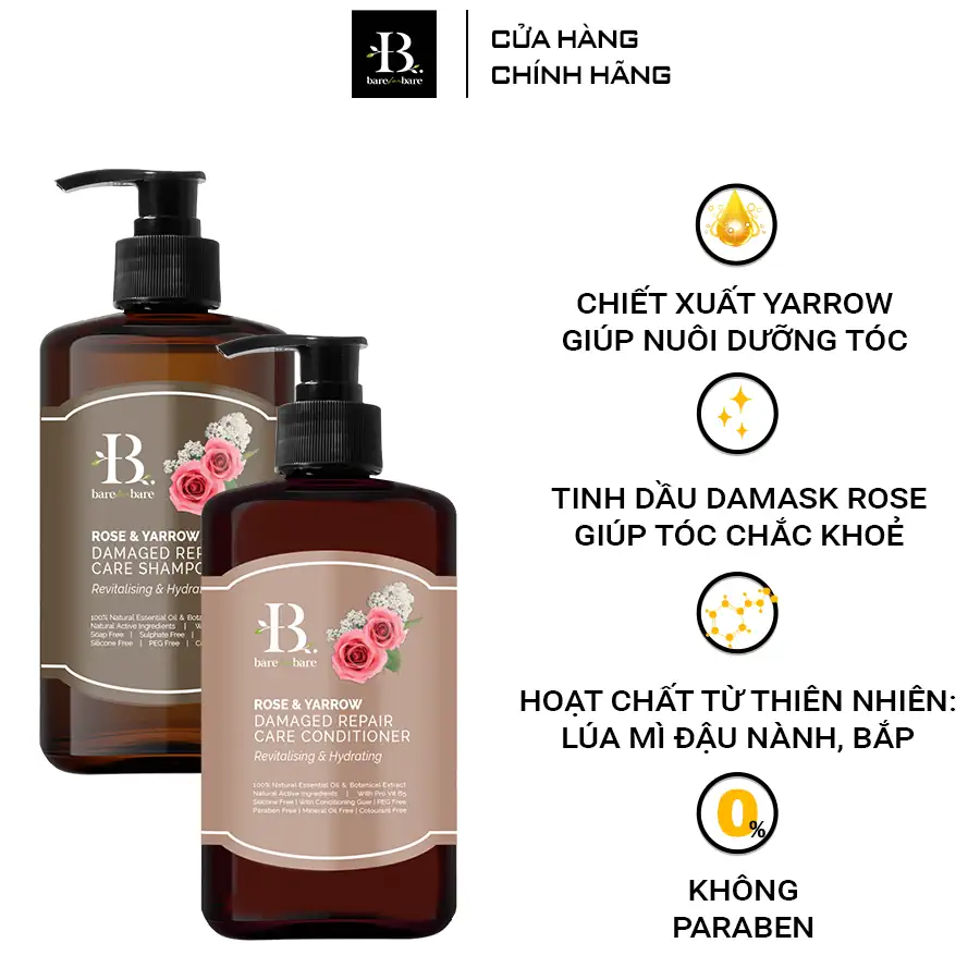 Dầu gội + Dầu xả Bare For Bare - Phục hồi tóc hư tổn 300ml x 2 chai - Droppii Mall