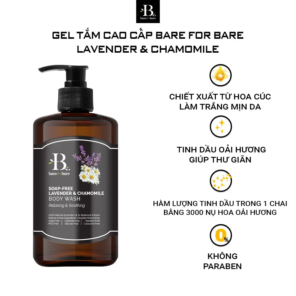 Gel tắm dưỡng ẩm Bare For Bare - Lavender & Chamomile (thư giãn & làm dịu) - Droppii Mall