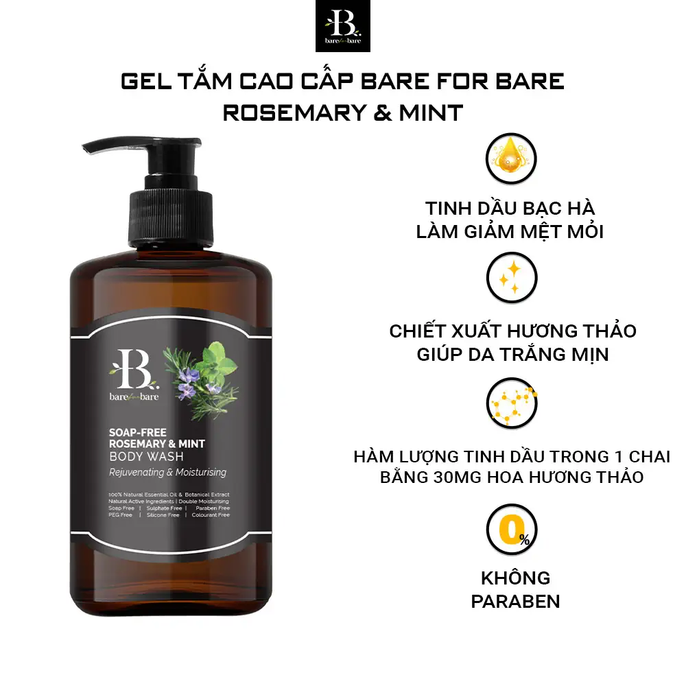 Gel tắm dưỡng ẩm Bare For Bare - Rosemary & Mint (dưỡng ẩm & trẻ hóa) - Droppii Mall