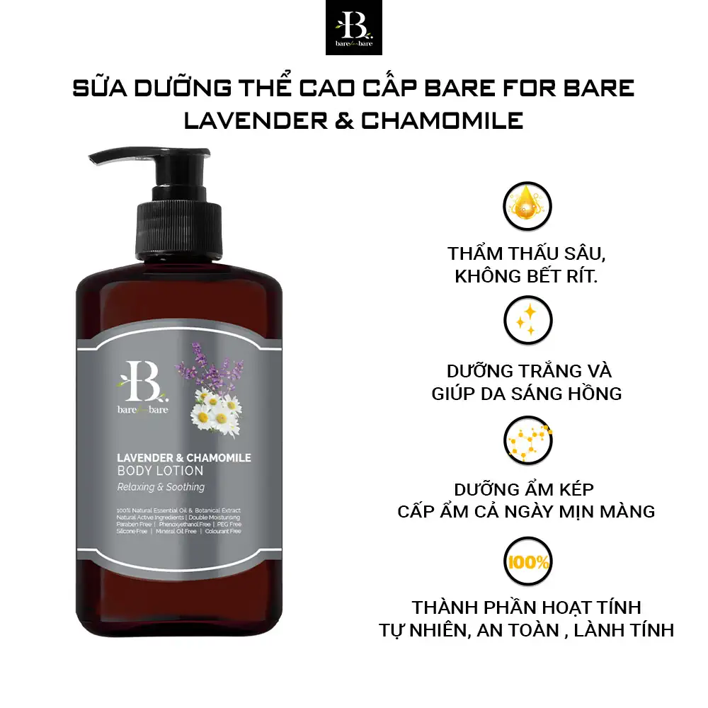 Sữa dưỡng thể dưỡng ẩm Bare For Bare - Lavender & Chamomile (thư giãn & làm dịu) - Droppii Mall