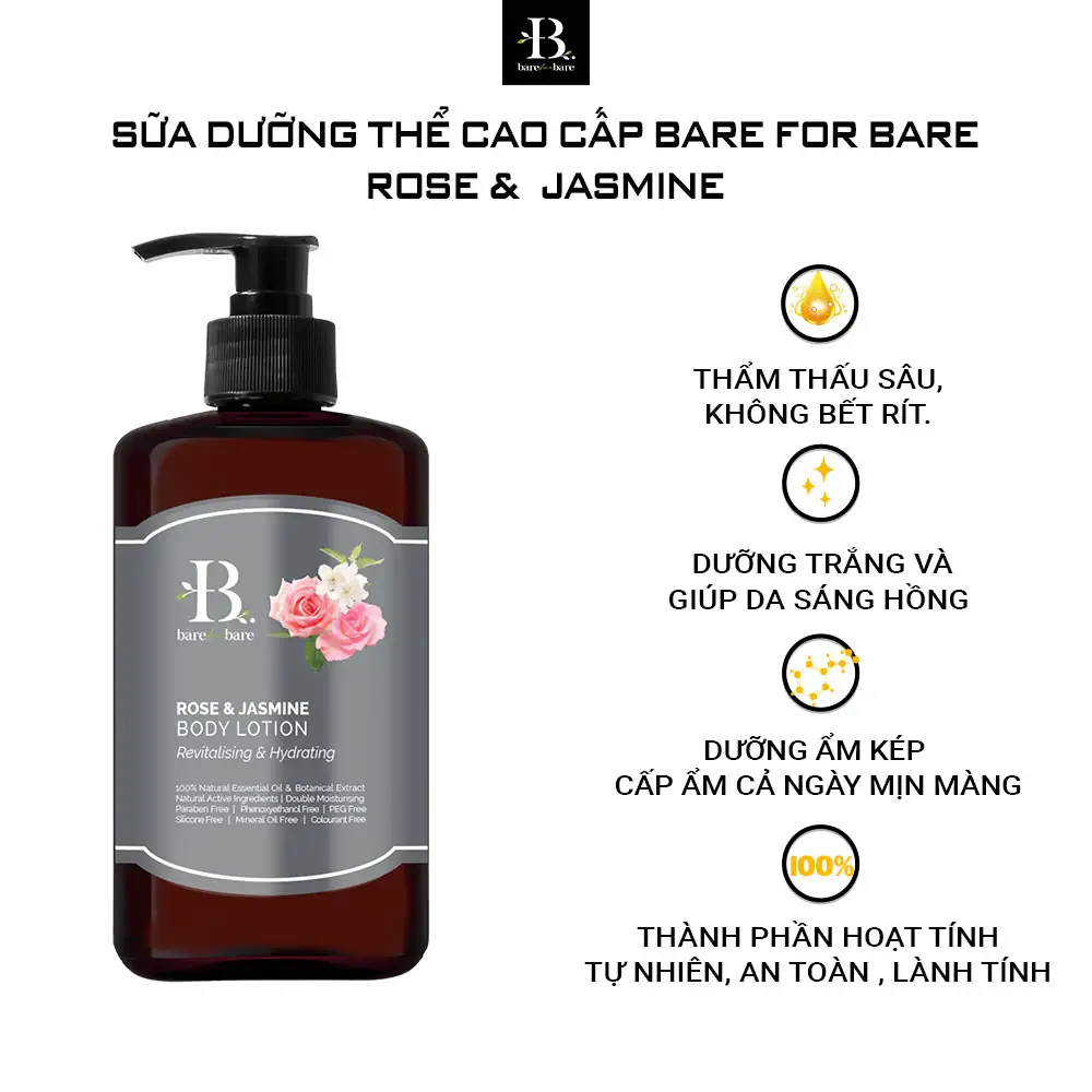 Sữa dưỡng thể dưỡng ẩm Bare For Bare - Rose & Jasmine (phục hồi & dưỡng ẩm) - Droppii Mall