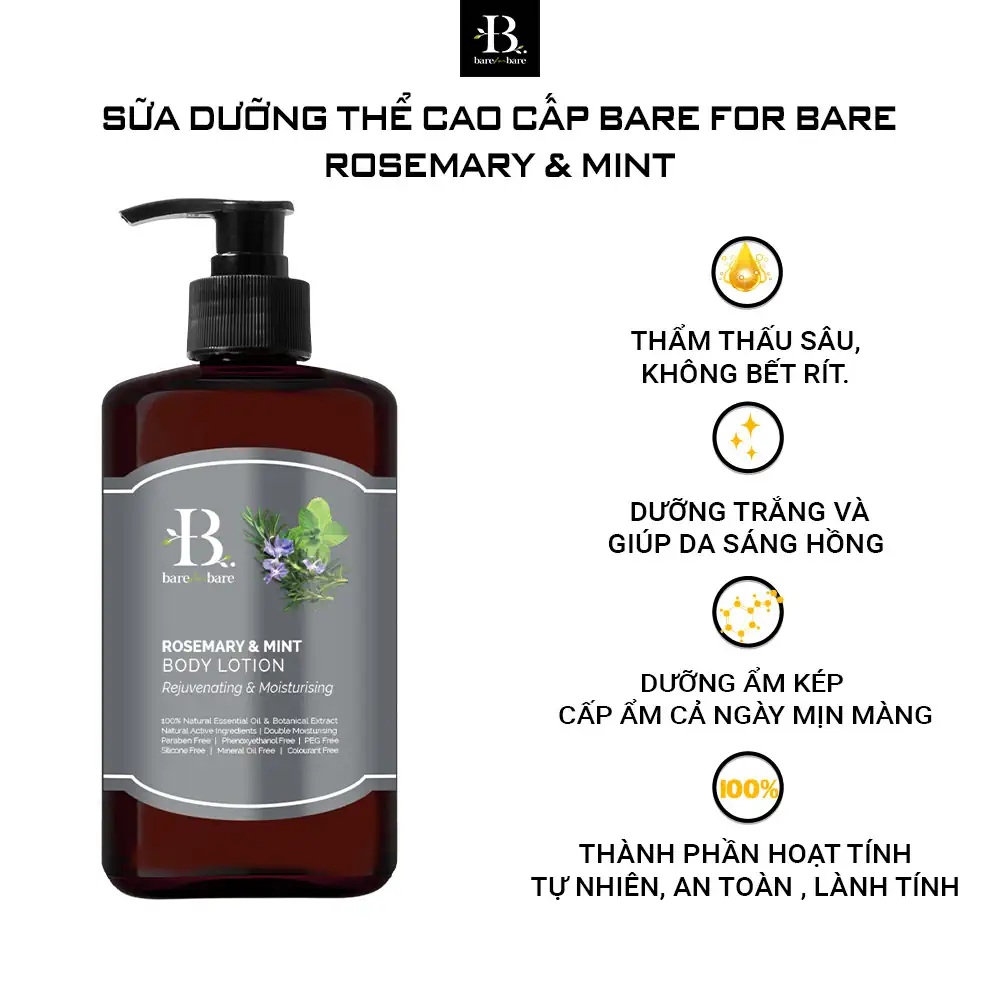 Sữa dưỡng thể dưỡng ẩm Bare For Bare - Rosemary & Mint (dưỡng ẩm & trẻ hóa) - Droppii Mall