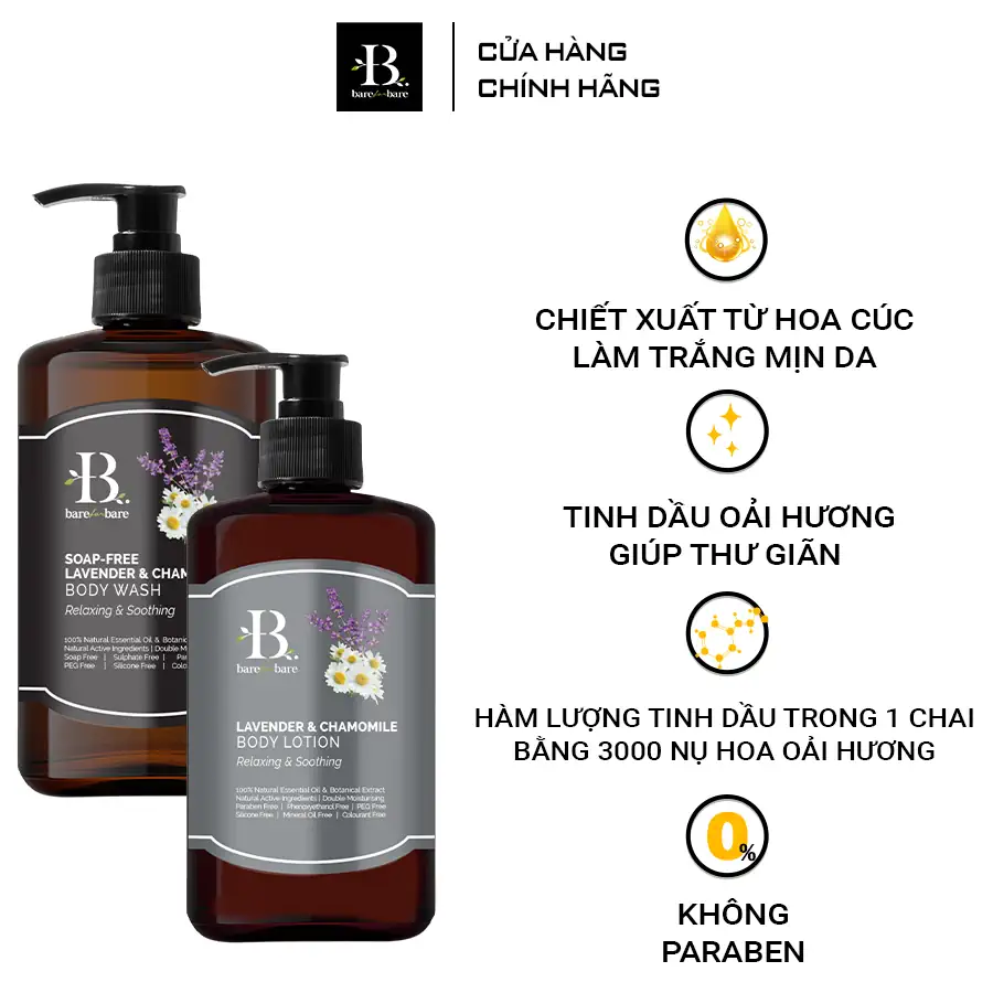 Ưu điểm Bộ chăm sóc cơ thể Lavender & Chamomile chính hãng giá tốt - Cấp ẩm thư giãn và làm dịu Bare for Bare - Droppii Mall