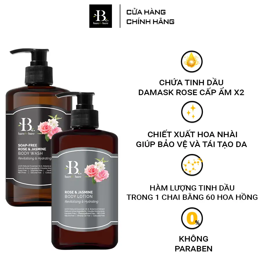 Ưu điêm Bộ chăm sóc cơ thể Rose and Jasmine - gel tắm và sữa dưỡng thể Cấp ẩm và phục hồi Bare for Bare - Droppii Mall