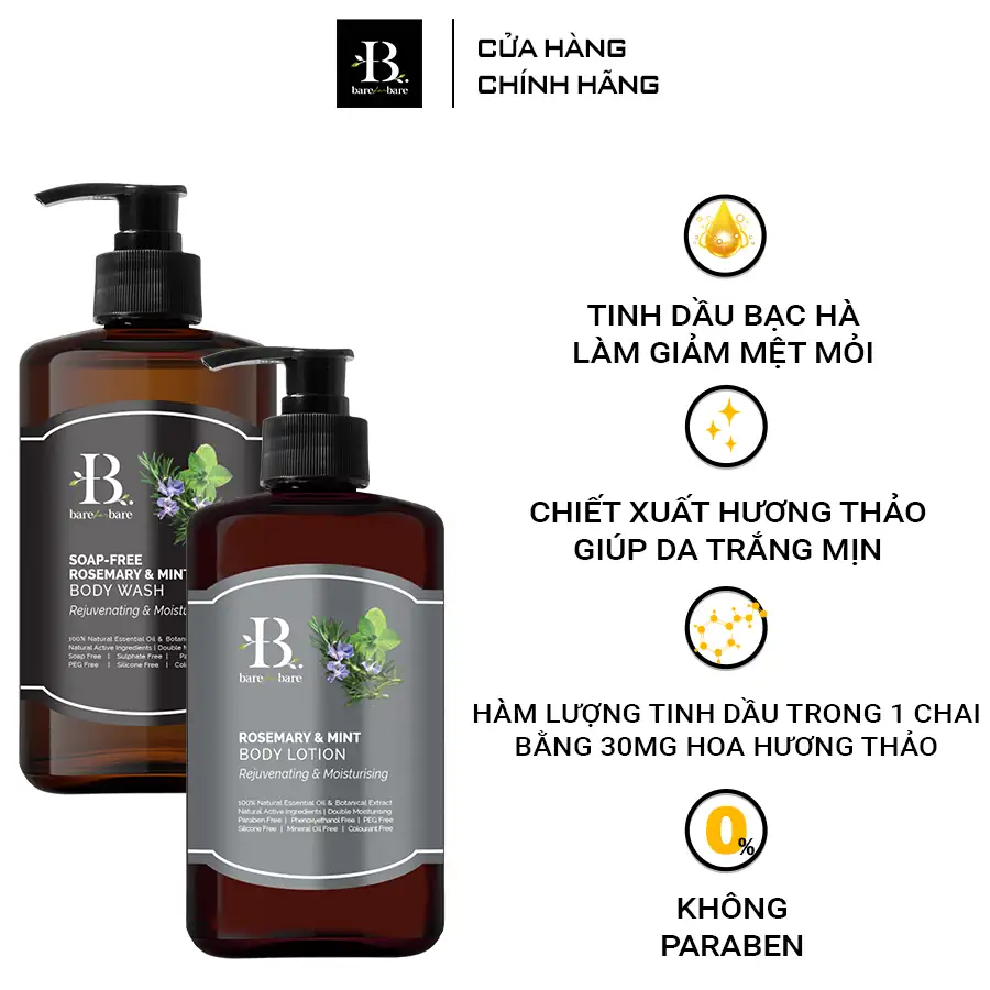 Ưu điểm Bộ chăm sóc cơ thể Rosemary & Mint - Dưỡng ẩm và trẻ hóa Bare for Bare chính hãng giá tốt - Droppii Mall