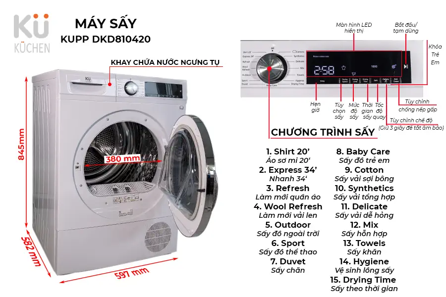 15 Chương Trình Sấy Của Máy Sấy Heat Pump Kuchen Dkd810420 (bơm Nhiệt) - Droppii Mall