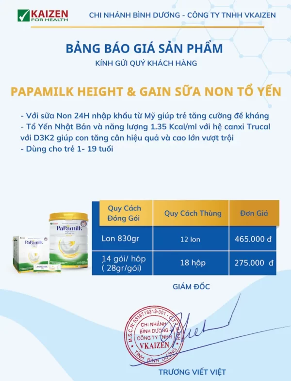 Bảng Báo Giá Sản Phẩm Papamilk Height And Gain Sữa Non Tổ Yến - Vkaizen - Droppii Mall