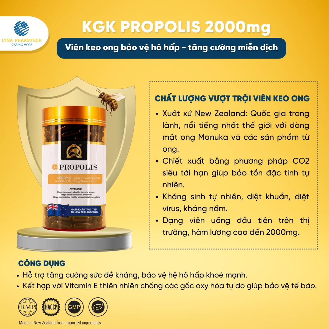 KGK Propolis 2000mg - Viên keo ong bảo vệ hô hấp tăng cường miễn dịch - Lyna Pharmtech