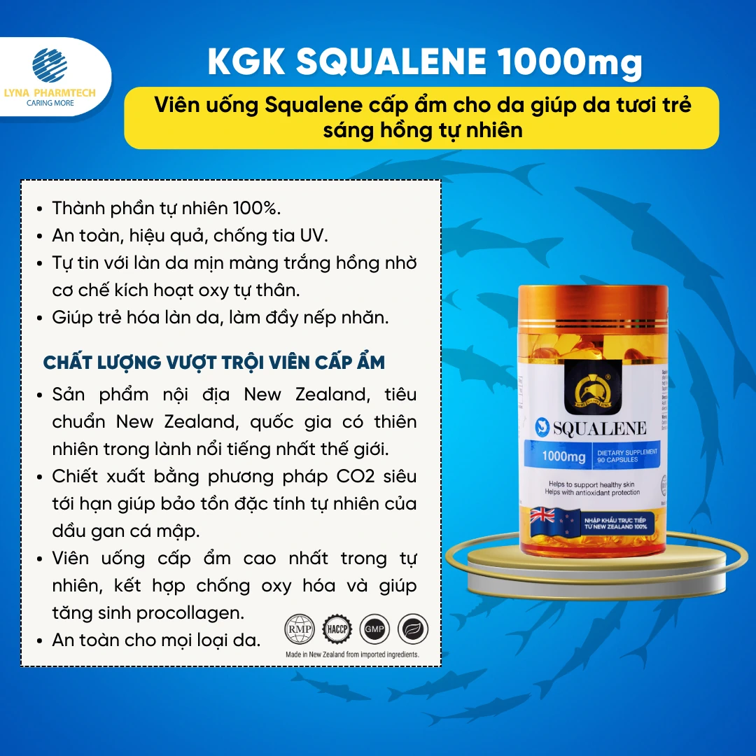 KGK Squalene 1000mg - Viên uống cấp ẩm cho da giúp da tươi trẻ sáng hồng tự nhiên - Lyna Pharmtech