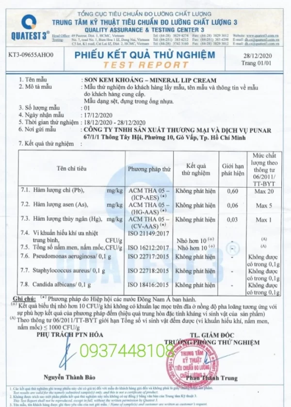 Phiếu Kết Quả Thử Nghiệm Sản Phẩm Son Kem Khoáng C’choi - Mineral Lip Cream - Punar - Droppii Mall