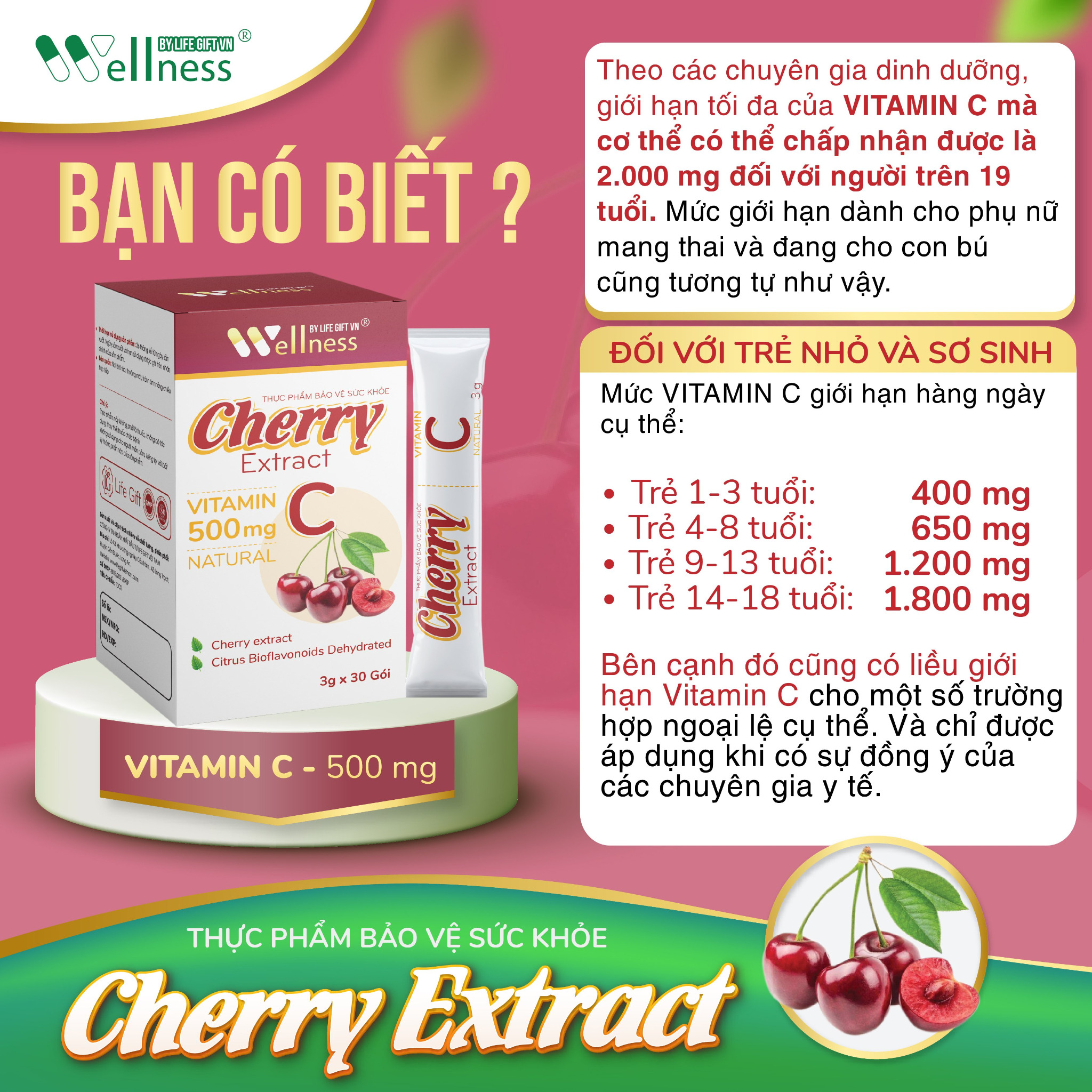 Thực phẩm bảo vệ sức khỏe Cherry Extract Vitamin C – Hàm lượng Vitamin C cần thiết cho từng lứa tuổi - Droppii Mall